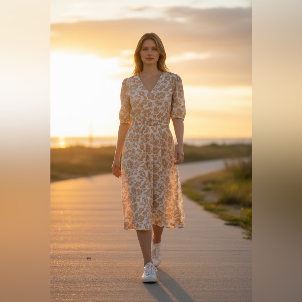 Draper James RSVP Dress Floral Jacquard Puff Sleeve Midi Dress L Beige Tan Cream